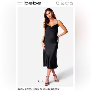 NEW Bebe Black Satin Cowl Neck Slip Midi Dress